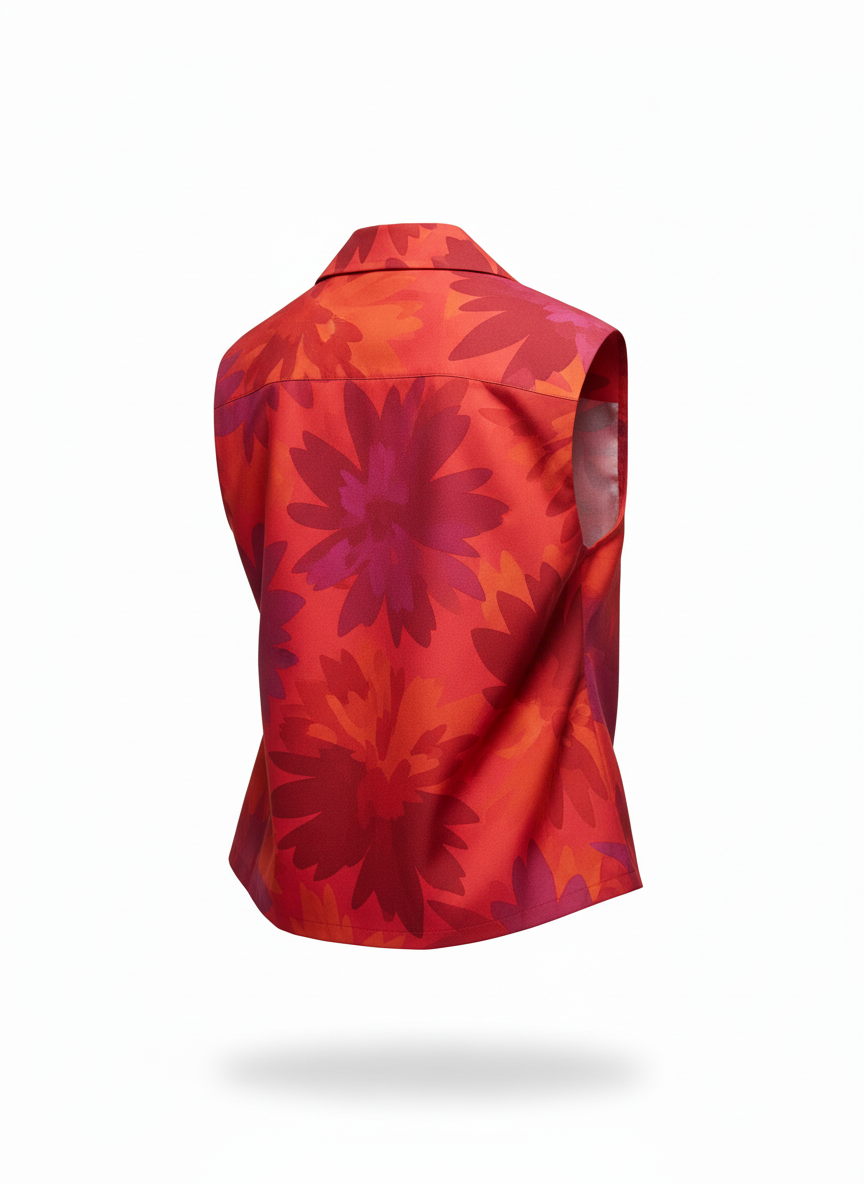 Abstract Floral Print Wide Camp Collar Sleeveless Shirt