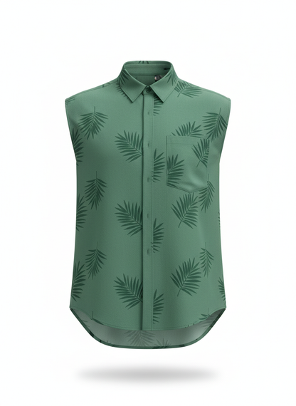 Minimalist Tonal Palm Leaf Button Up Sleeveless Shirt