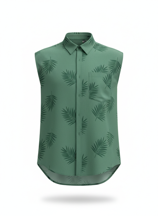 Minimalist Tonal Palm Leaf Button Up Sleeveless Shirt