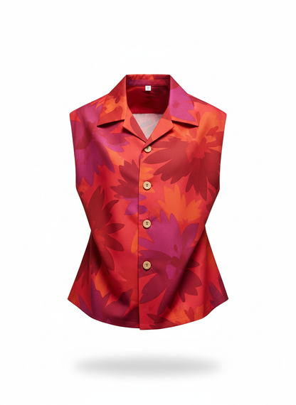 Abstract Floral Print Wide Camp Collar Sleeveless Shirt