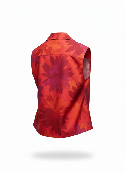 Abstract Floral Print Wide Camp Collar Sleeveless Shirt
